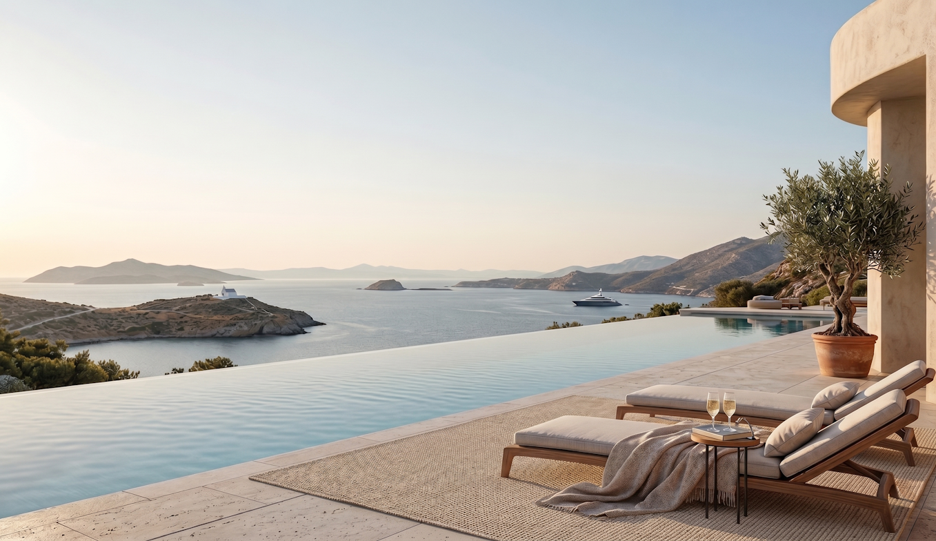 Infinity-Pool mit Meerblick in der Abenddämmerung